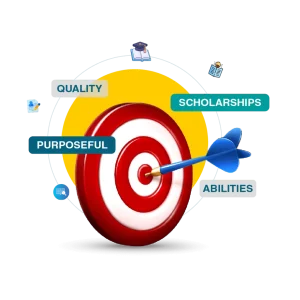 “Target board with an arrow hitting the center, symbolizing purposeful goals, quality, abilities, and scholarships.”
